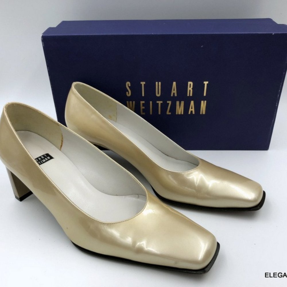 Stuart Weitzman Gold Patent Leather Pumps 6.5 M LISA Heels Square Toe w/ Box